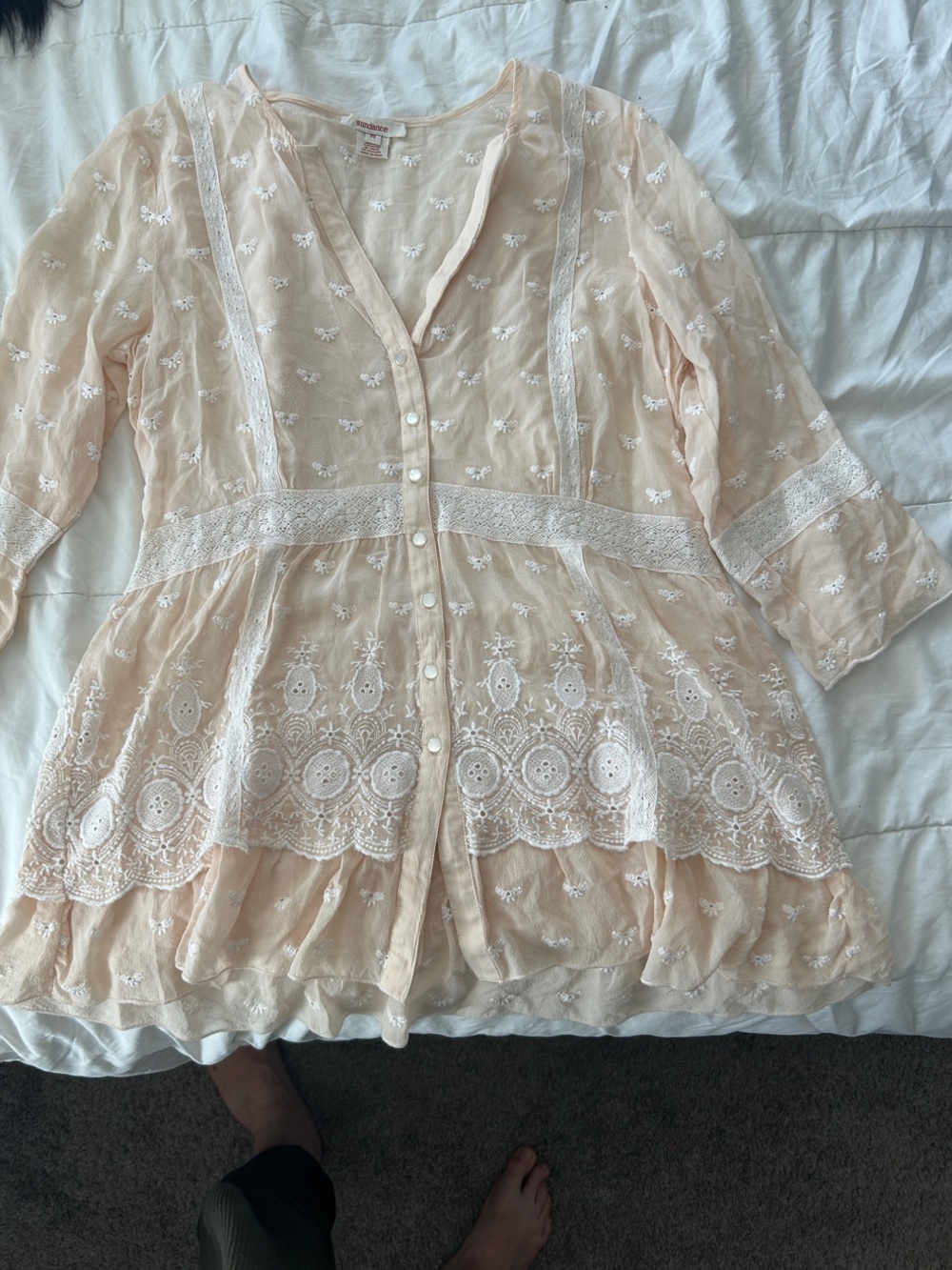 Boho Lace-Trim Button Front Top - Soft Blush
